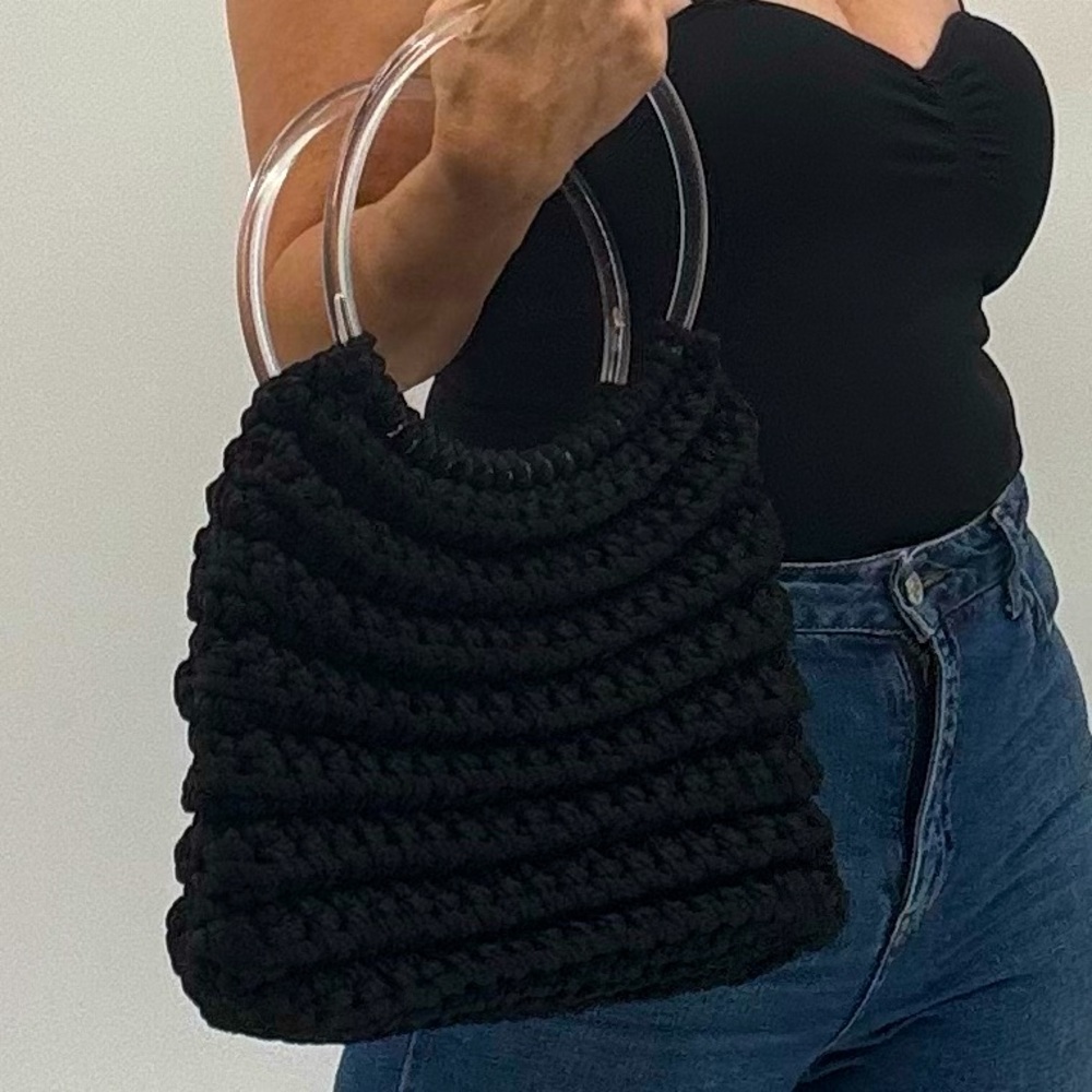 Vintage Crochet Woven Braided Macrame Lucite Handle Boho Shoulder Bag Purse